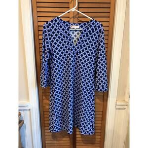 Jude Connally Blue Geometric Print Dress Long Sleeves. Made In The USA. EUC!